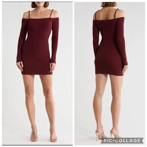 Good American Y2K Ribbed Mini Strappy Fitted Burgundy Red Mini Dress Size Large